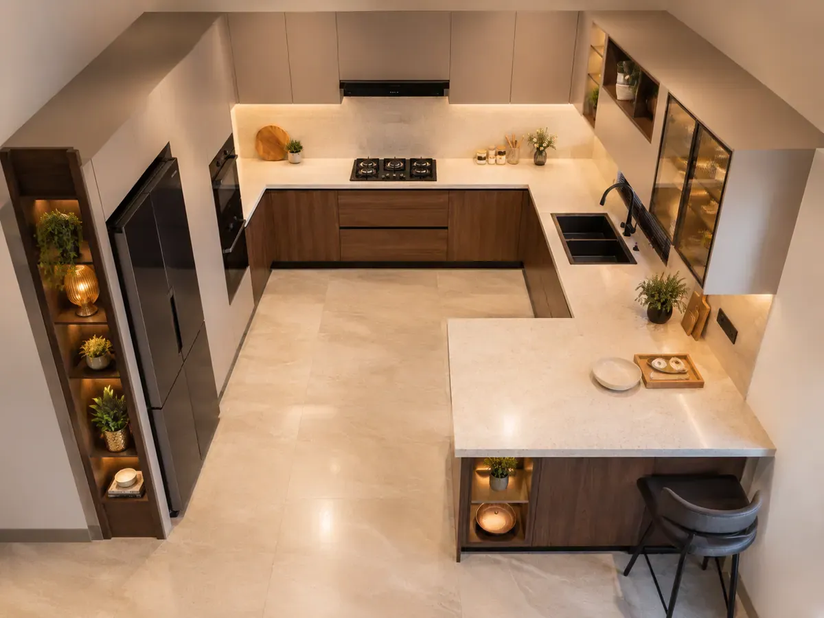 Elevated view of the same G-shaped kitchen showing three runs plus the partial fourth return, with lit display shelving and a glass-fronted wall cabinet