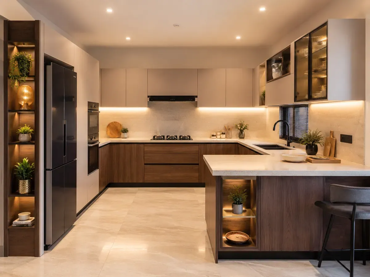 Front view of a G-shaped modular kitchen with three runs plus a fourth return counter with a seating overhang and stool