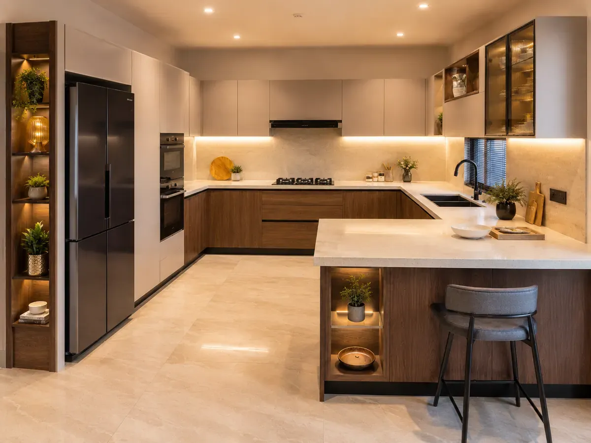 Side angle of the same G-shaped kitchen, showing the return counter turning back in from the right-hand run