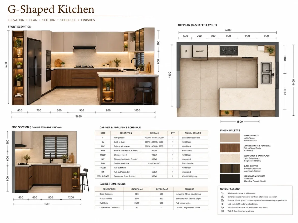 Architectural drawing of a G-shaped kitchen showing front elevation, top plan and side section with the return counter and module dimensions