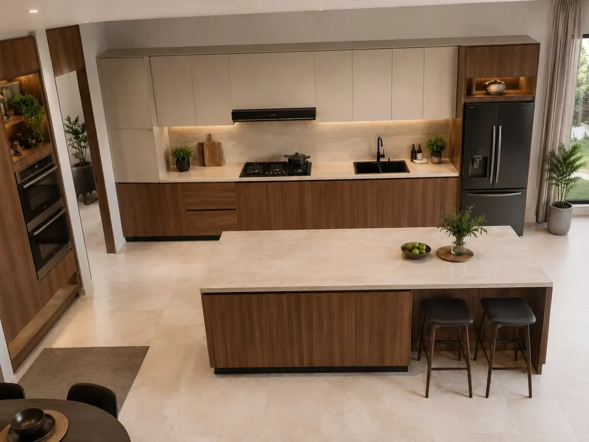 Elevated view of the same island kitchen showing the island standing free of the perimeter run with clearance on all four sides