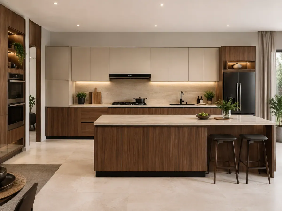 Front view of an island kitchen with a freestanding counter standing clear of the perimeter run, in walnut and matte beige with a light stone worktop