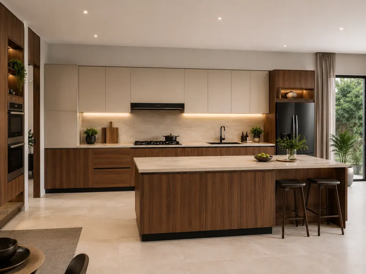 Side angle of the same island kitchen, showing the walkway between the island and the main cabinet run