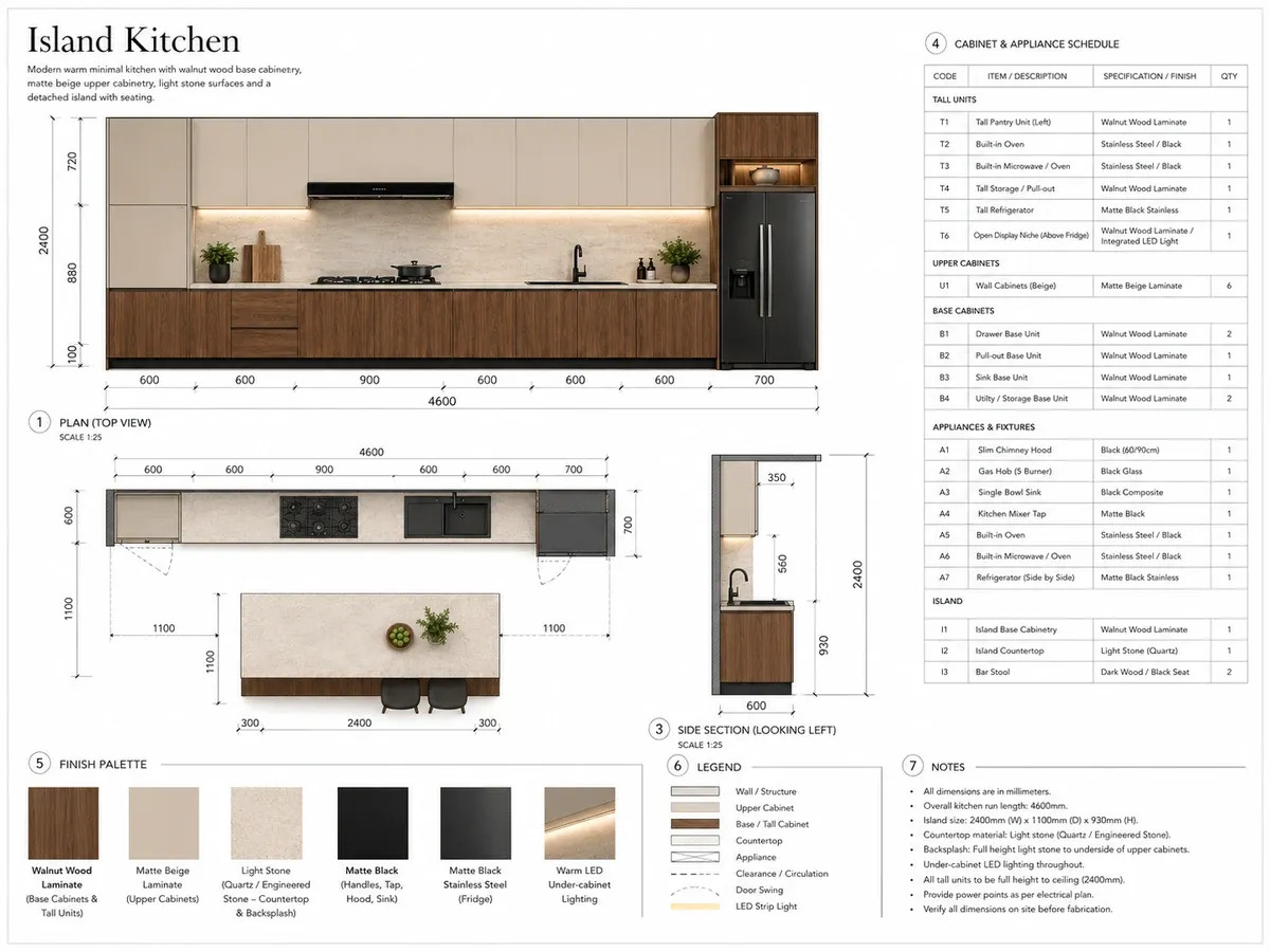 Architectural drawing of an island kitchen showing front elevation, top plan and side section, with island dimensions and the surrounding walkway clearances