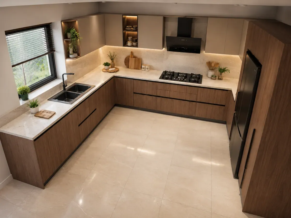 Elevated view of the same L-shaped kitchen looking down into the corner, showing the work triangle between sink, hob and refrigerator