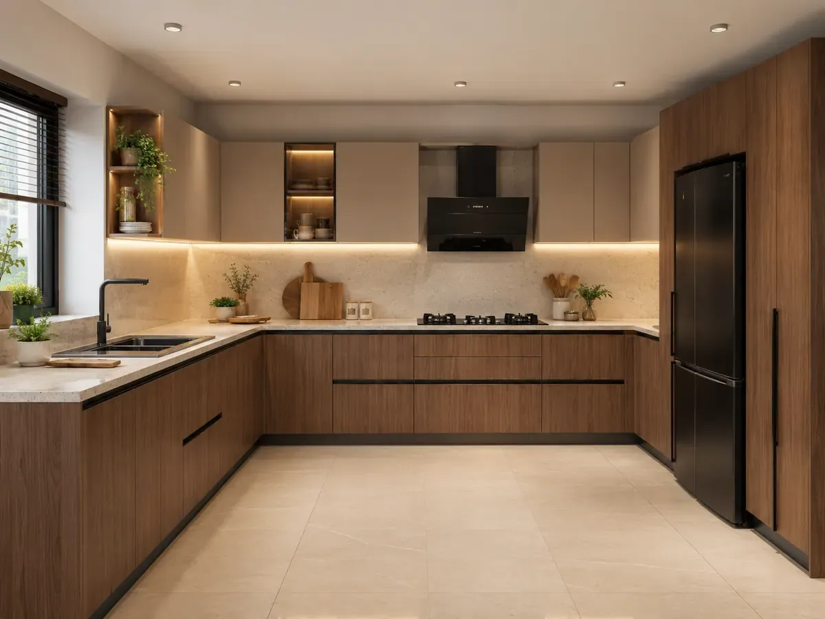 Front view of an L-shaped modular kitchen with walnut base cabinets and matte beige wall units turning the corner across two adjoining walls