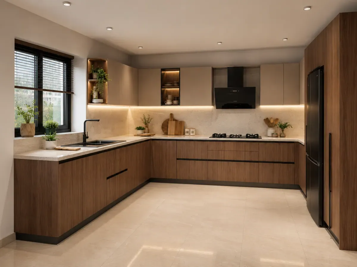 Side angle of the same L-shaped kitchen, showing the return arm and how the two runs meet at the corner