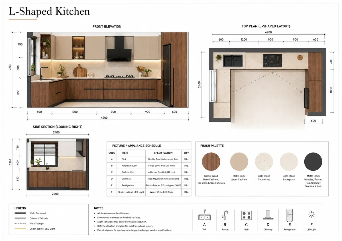 Architectural drawing of an L-shaped kitchen showing front elevation, top plan and side section with module dimensions and a finish palette
