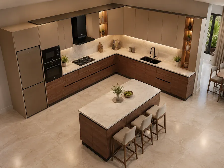 Elevated view of an L-shaped modular kitchen with cabinetry on two adjoining walls and a separate central island seating three