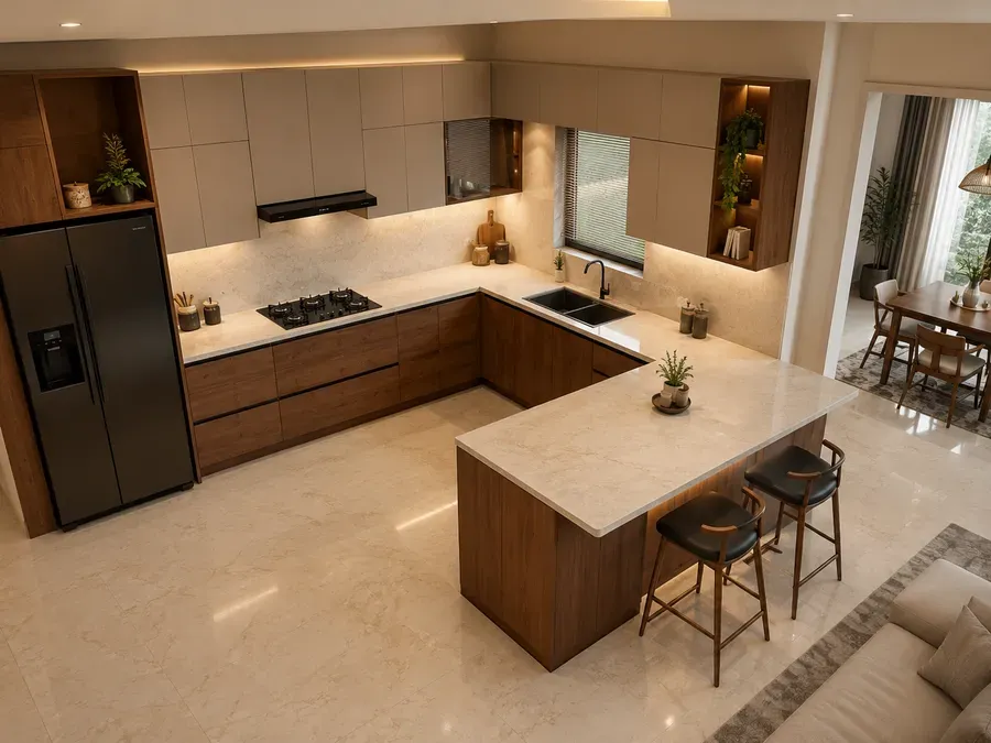 L-shaped kitchen with a peninsula counter running out from one end of the main run, connected at one side, with two stools at the outer edge