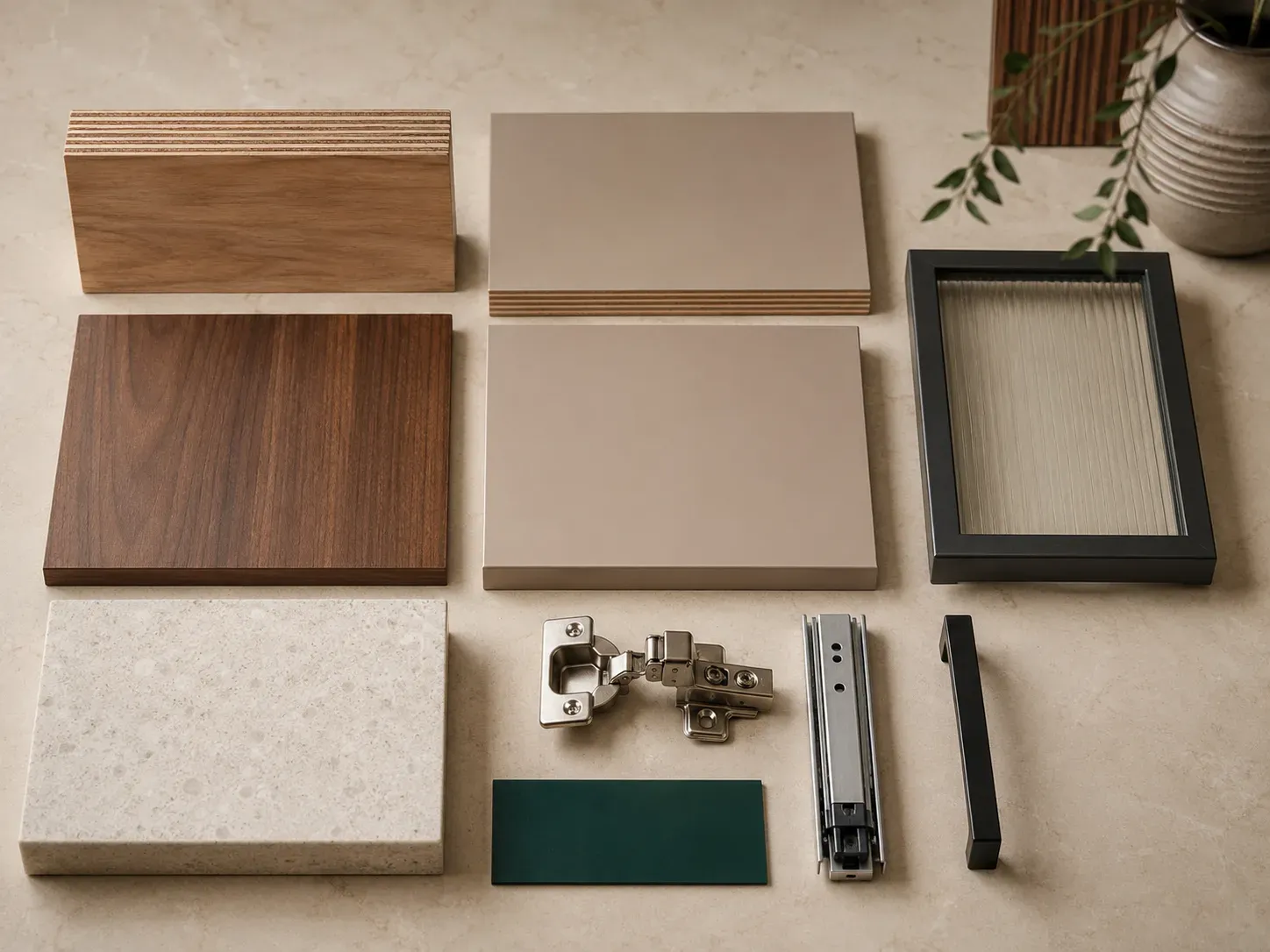 Kitchen plywood, shutter finishes, aluminium profile glass and soft-close hardware