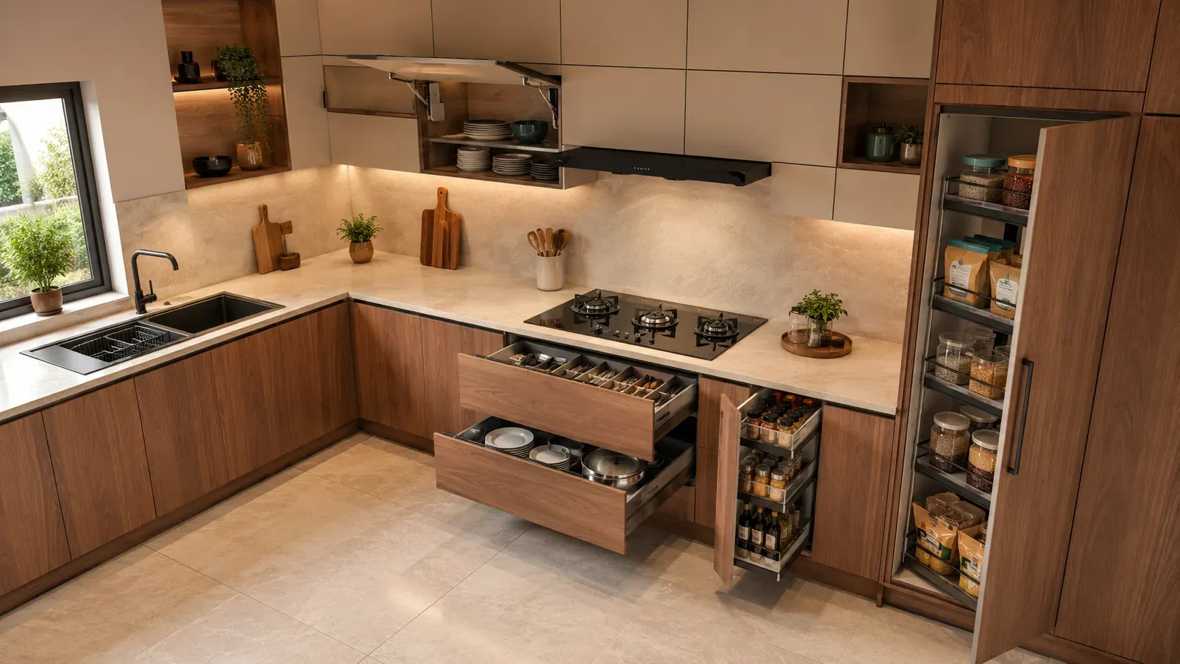 Modular kitchen storage planning with deep drawers, a corner unit, a bottle pull-out beside the hob, a tall pantry, lift-up wall cabinets and the sink base