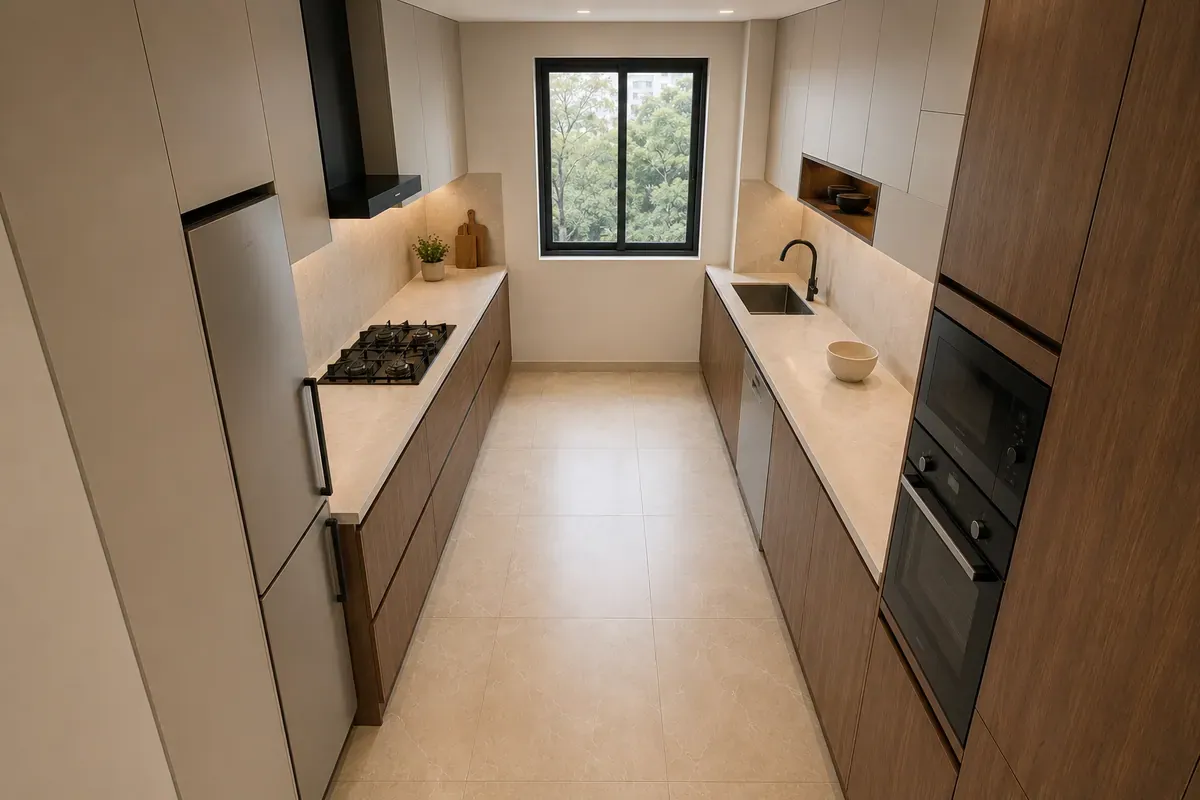 Elevated view of the same galley kitchen showing both counter runs and the clear walkway between them