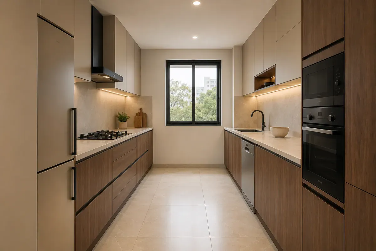 Front view of a parallel galley kitchen with two facing runs, walnut base cabinets and matte beige tall units, looking down the walkway toward a window