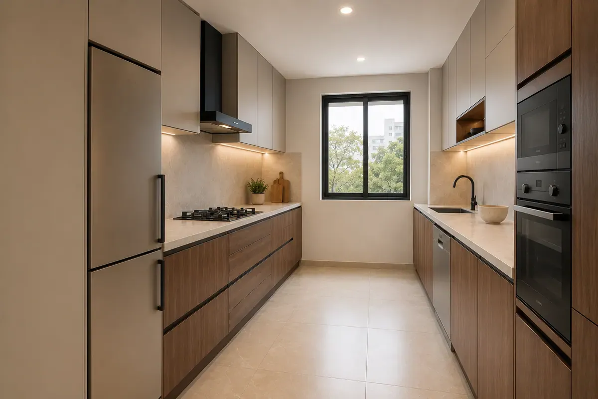 Side angle of the same galley kitchen, showing the hob run on the left and the sink, dishwasher and built-in ovens on the right