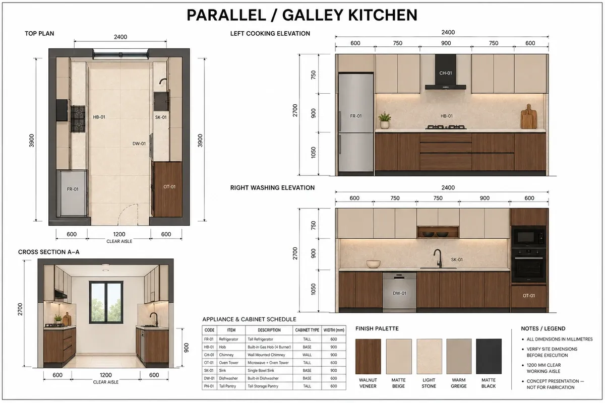 Architectural drawing of a parallel galley kitchen showing top plan, both cooking and washing elevations and a cross section, with a 1200 mm clear aisle and 2400 mm runs
