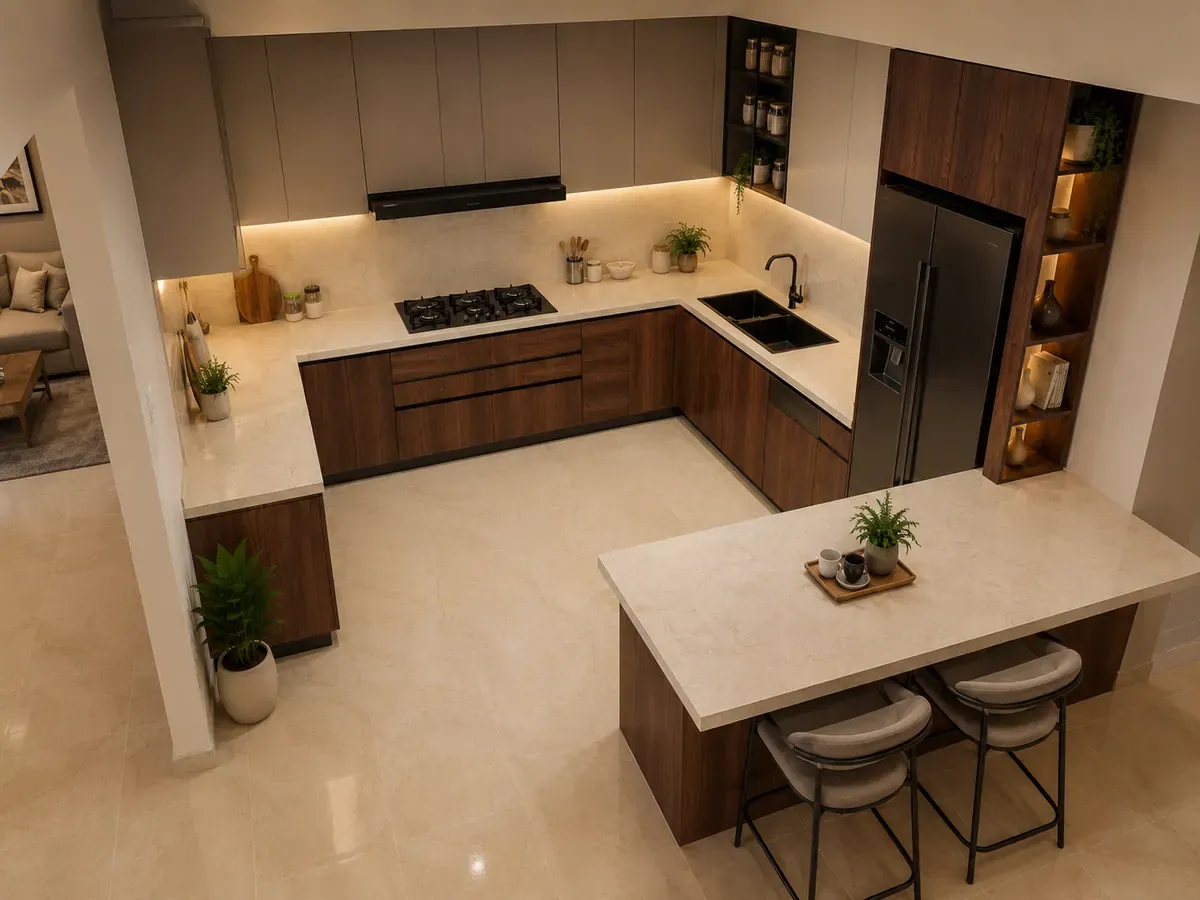 Elevated view of the same peninsula kitchen showing the counter attached to the main run at one end with clearance on the other three sides
