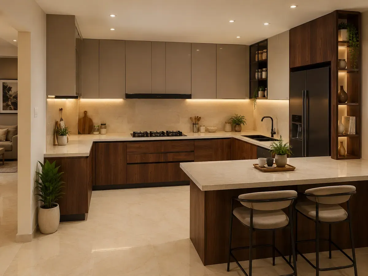 Front view of a peninsula kitchen where the counter projects out from the main run and stays connected at one end, with a seating overhang