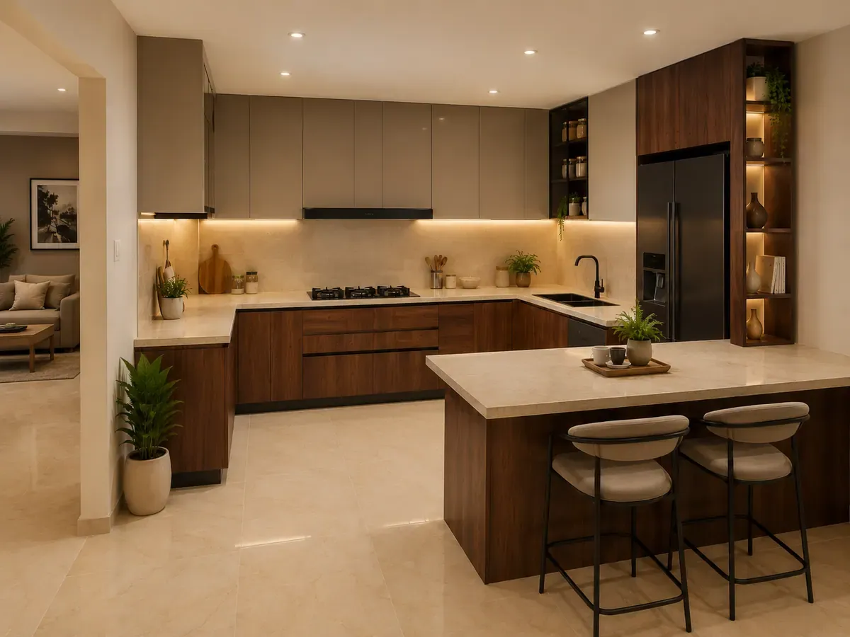 Side angle of the same peninsula kitchen, looking along the peninsula toward the open side of the room