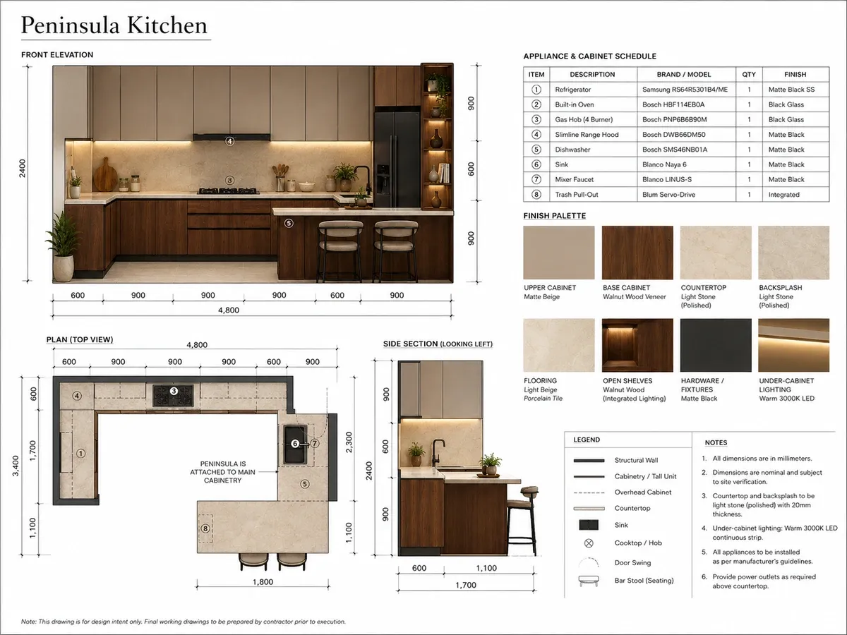 Architectural drawing of a peninsula kitchen showing front elevation, top plan and side section with the peninsula return and module dimensions