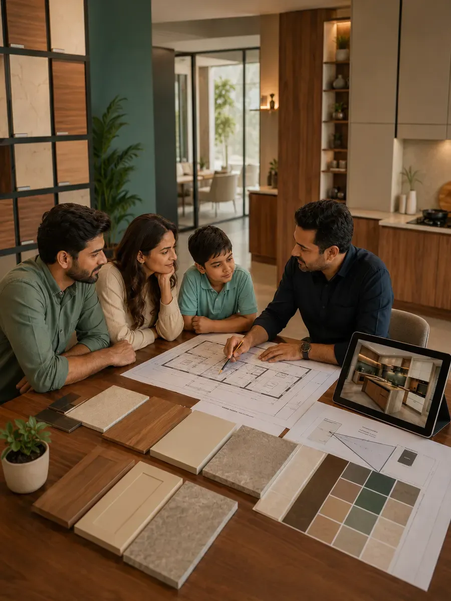 A design consultation in progress: a floor plan open on the table with cabinet, stone and laminate samples laid out beside it, and a kitchen visual on a tablet
