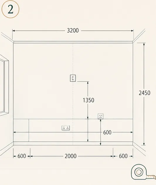 The same room with wall widths, heights and fixture positions measured and marked