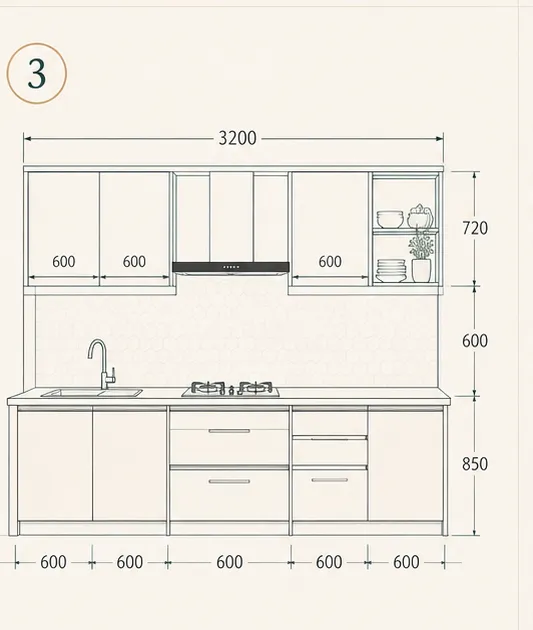 A kitchen elevation drawing showing cabinet widths, worktop height and appliance positions