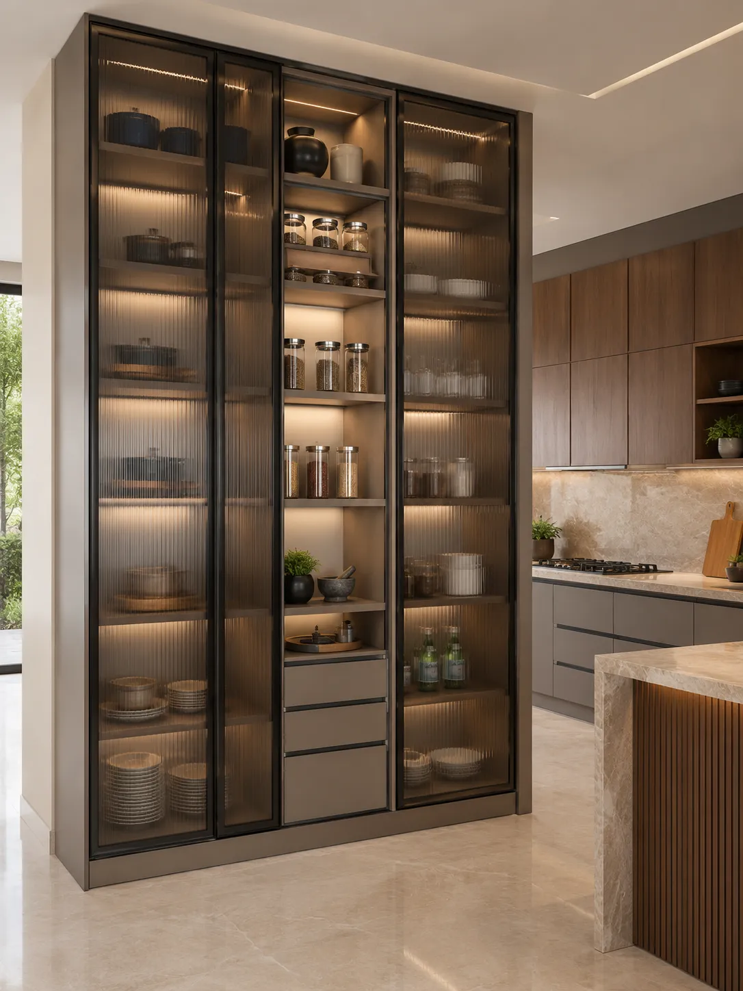 Black aluminium profile shutters with tinted fluted glass on a full-height lit kitchen display unit