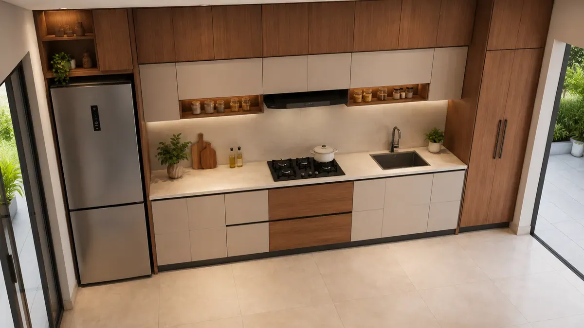 Elevated view of the same one-wall kitchen looking down across the worktop, showing the linear arrangement of refrigerator, hob and sink along a single wall