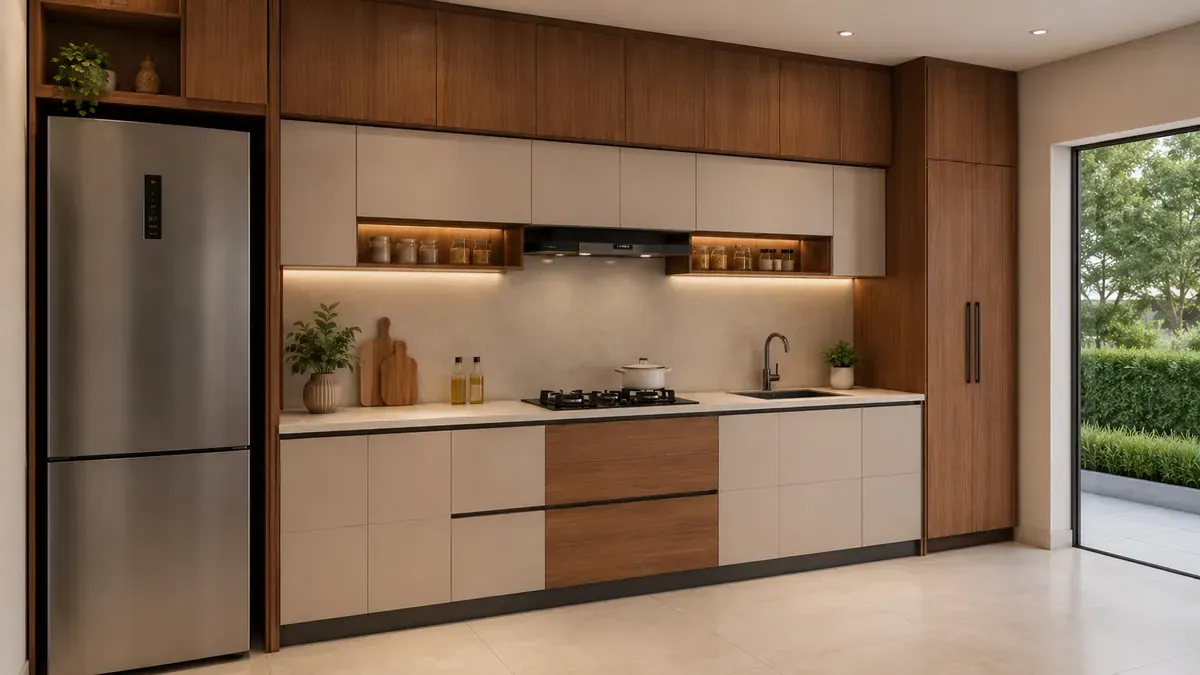 Side angle of the same one-wall kitchen, showing the depth of the single cabinet run and the full-height pantry beside the window