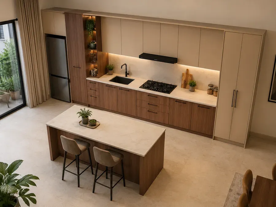 Elevated view of a straight one-wall kitchen in walnut and matte beige, with a fully detached island and two bar stools facing the main run