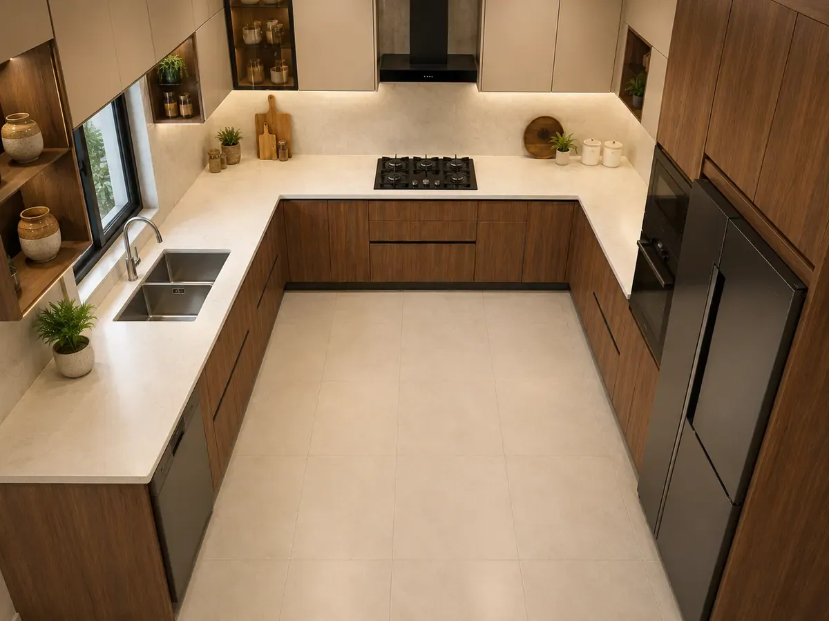 Elevated view of the same U-shaped kitchen showing all three runs wrapping around the cook and both corners