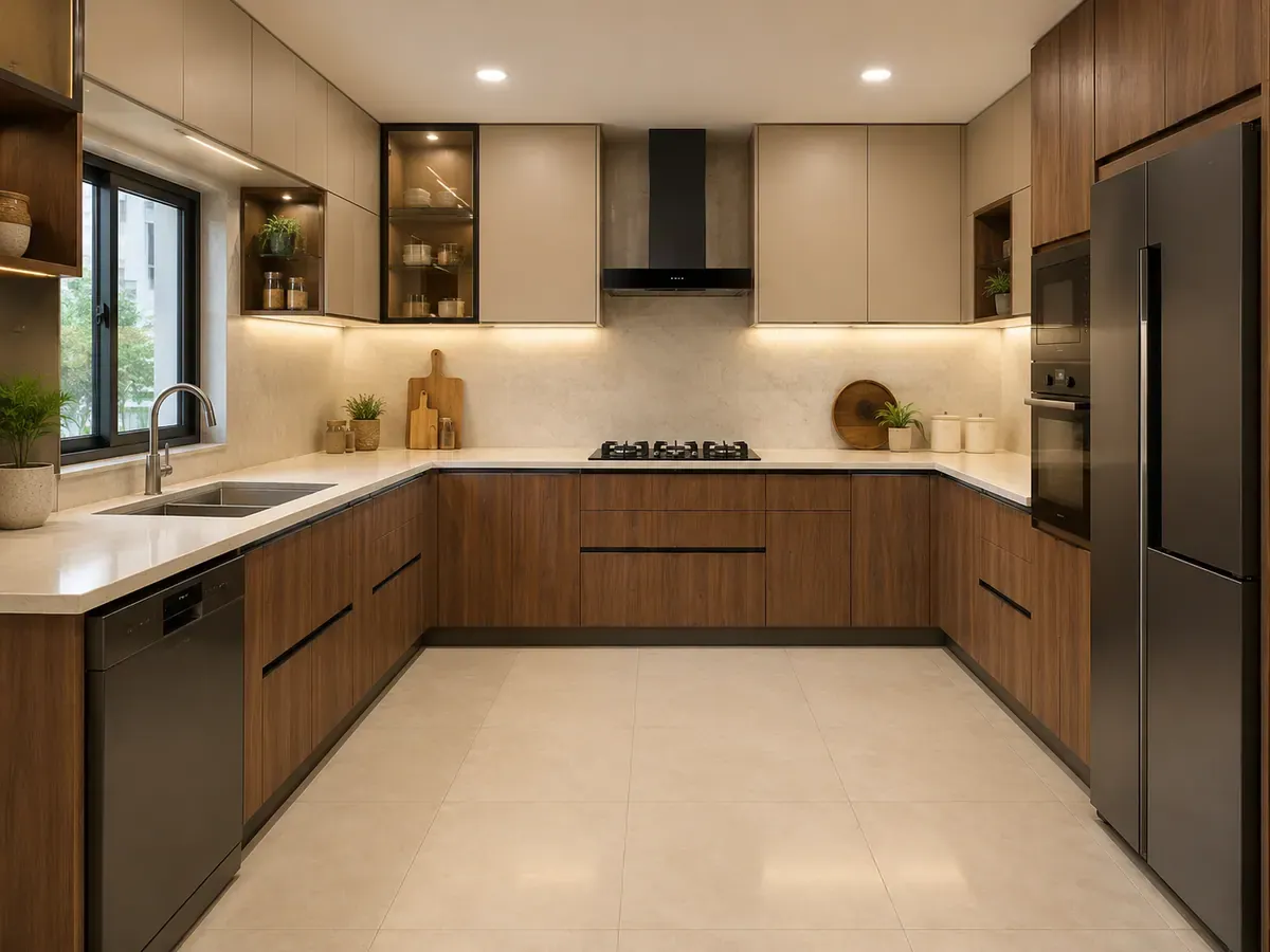 Front view of a U-shaped modular kitchen with walnut base cabinets, matte beige wall units, a glass display cabinet and a wall-mounted chimney above the hob