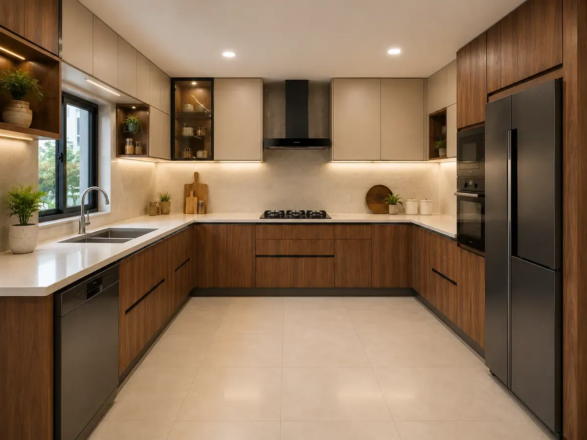 Side angle of the same U-shaped kitchen, showing the left run with the sink beneath a window and the dishwasher below the counter