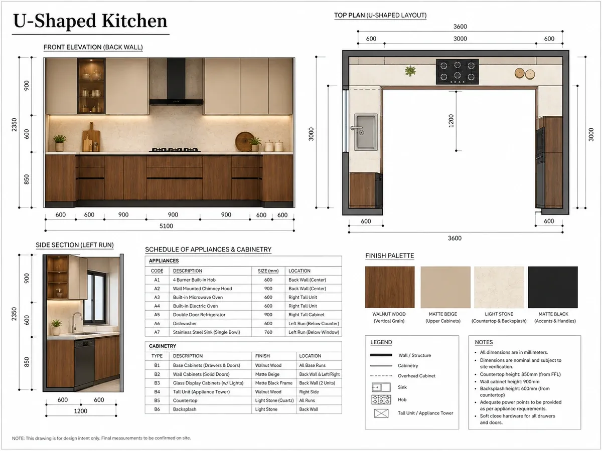 Architectural drawing of a U-shaped kitchen showing front elevation, top plan and side section, with a 5100 mm back run, 3600 mm overall width and a schedule of appliances and cabinetry