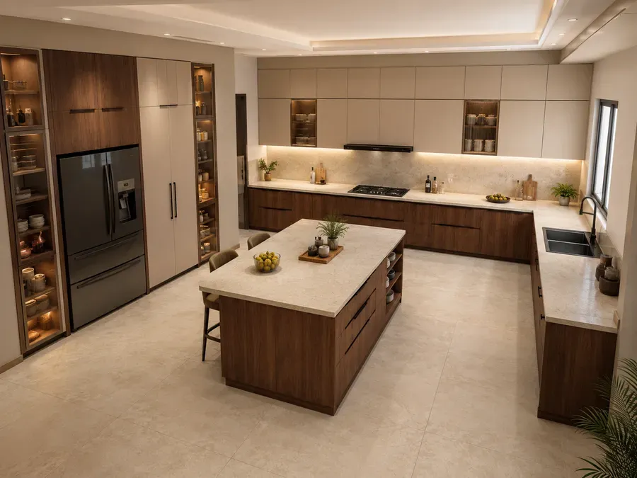 Spacious U-shaped kitchen with cabinetry wrapping three walls and a freestanding island standing clear in the centre