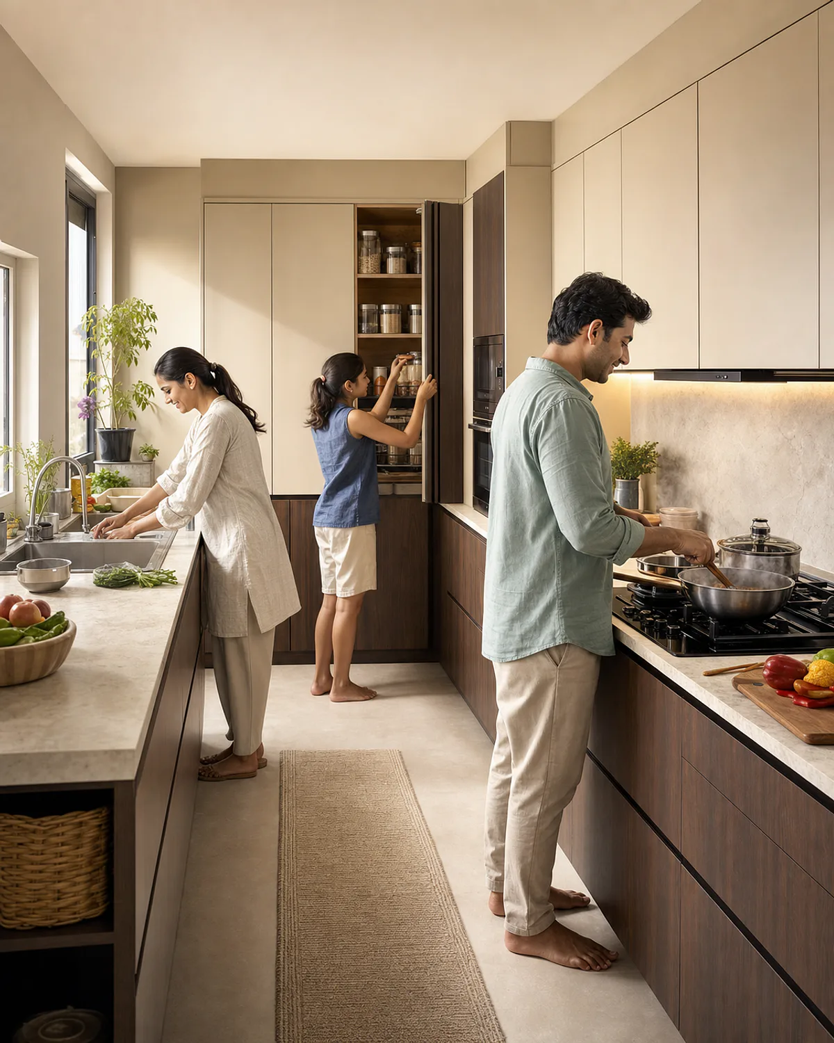 Indian family kitchen planned around daily cooking workflow