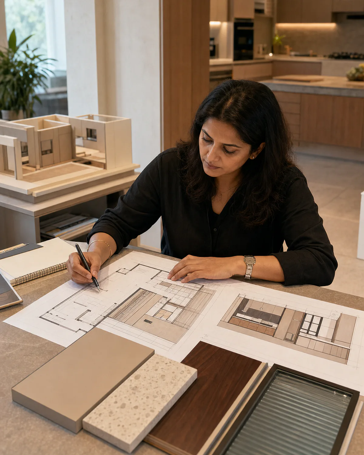 Kitchen designer reviewing drawings and material samples for an Ikka Kitchen project