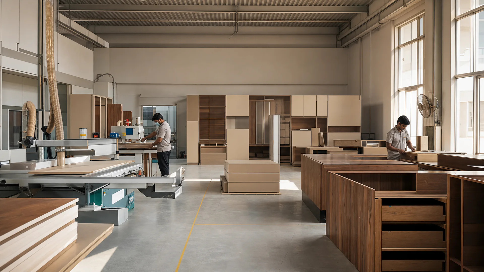 Wide view of a modular kitchen manufacturing unit with machinery and cabinet assembly
