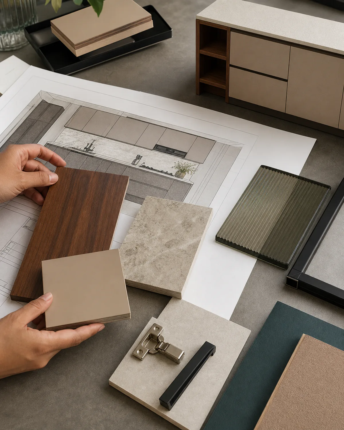 Modular kitchen material, glass, profile and hardware samples