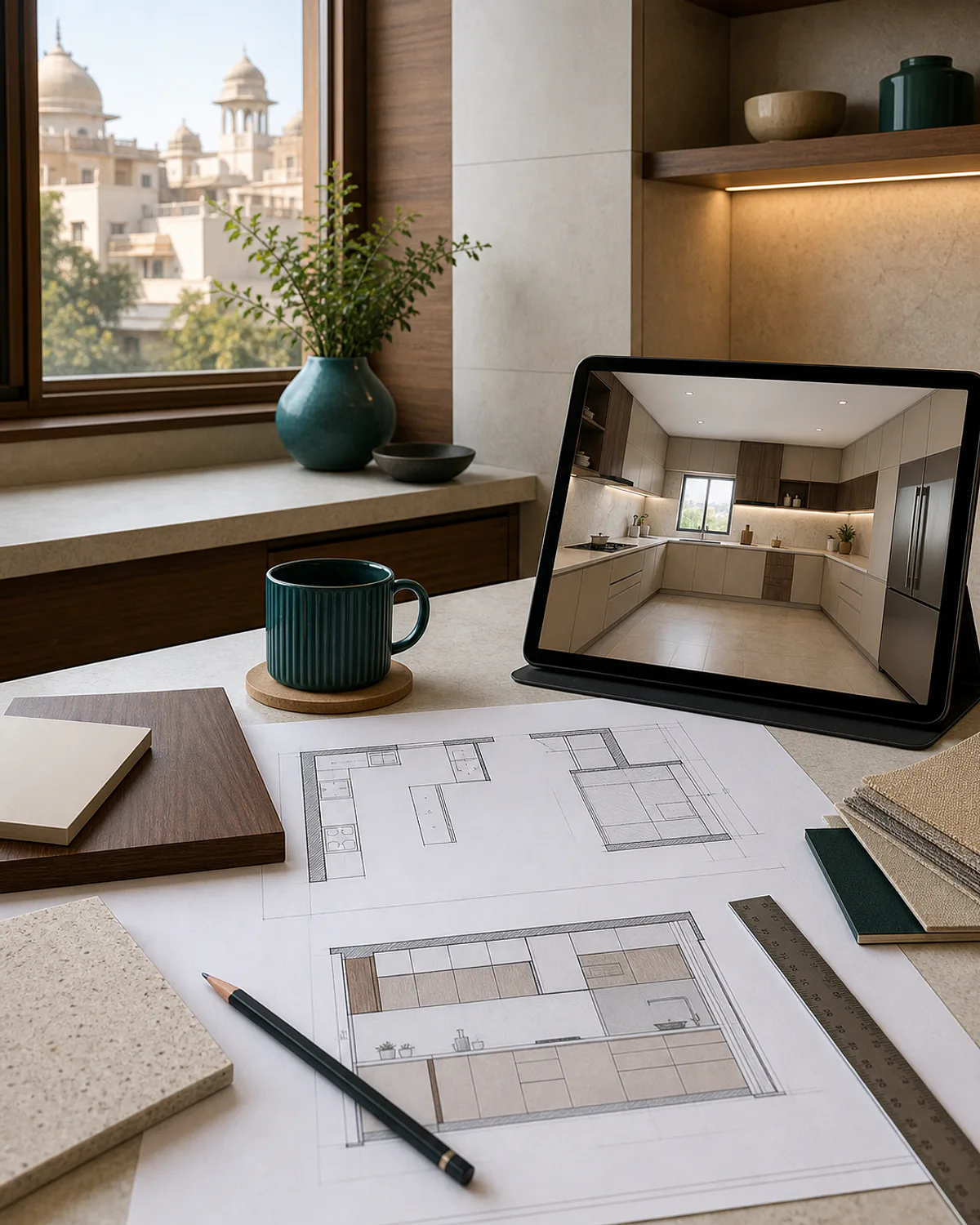 Kitchen drawings and a 3D design preview being reviewed