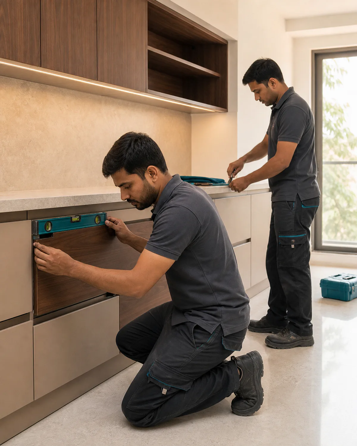 Installers aligning a modular kitchen cabinet on site