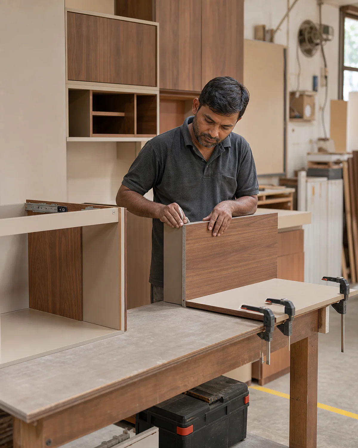 Cabinet component being assembled in a modular kitchen workshop