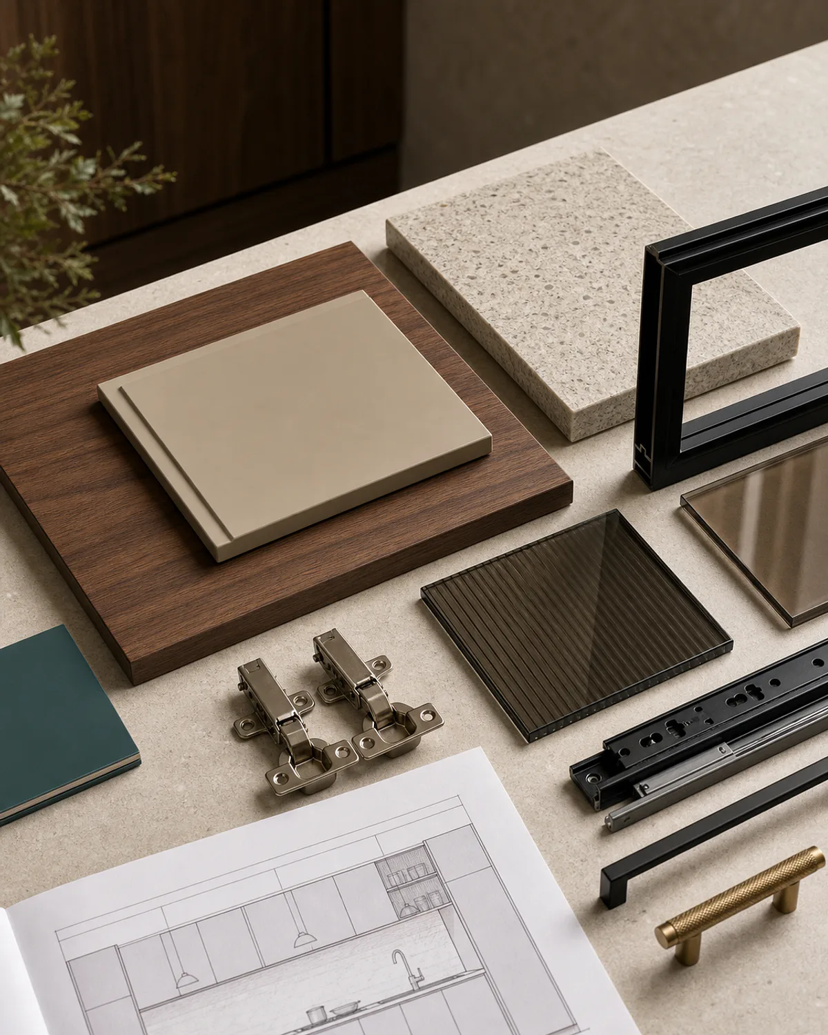 Cabinet finish, stone, aluminium profile and hardware samples