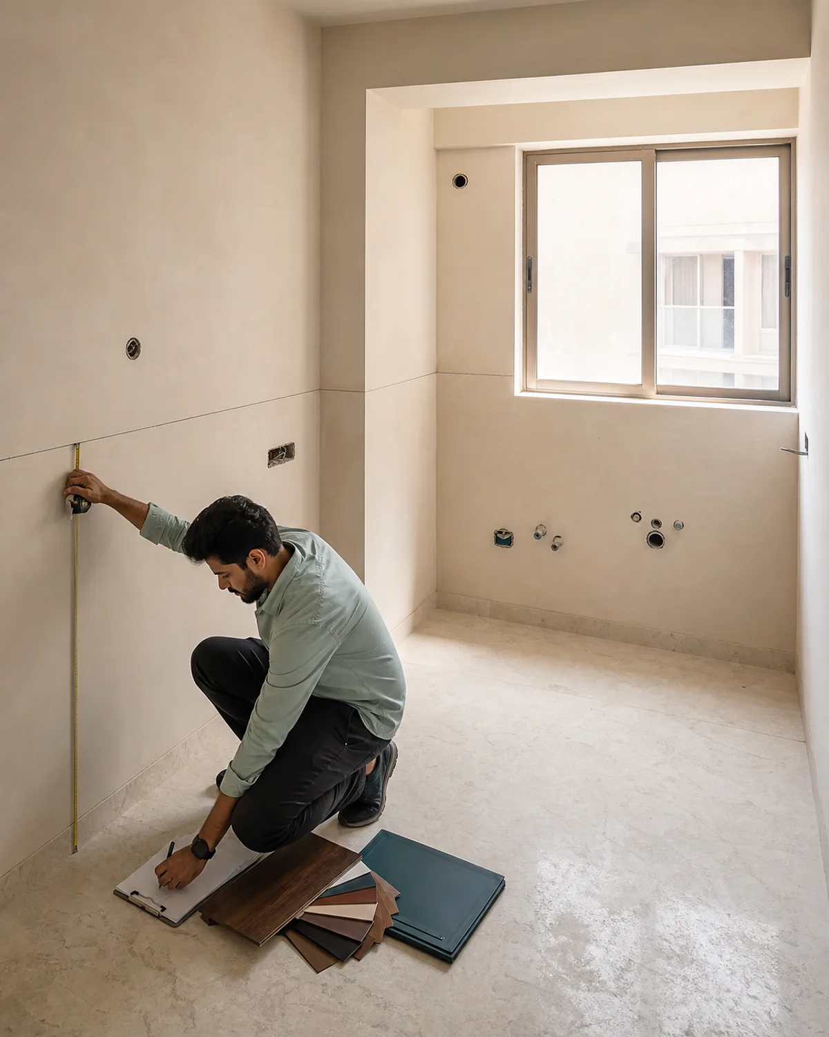 Kitchen room being measured before layout planning