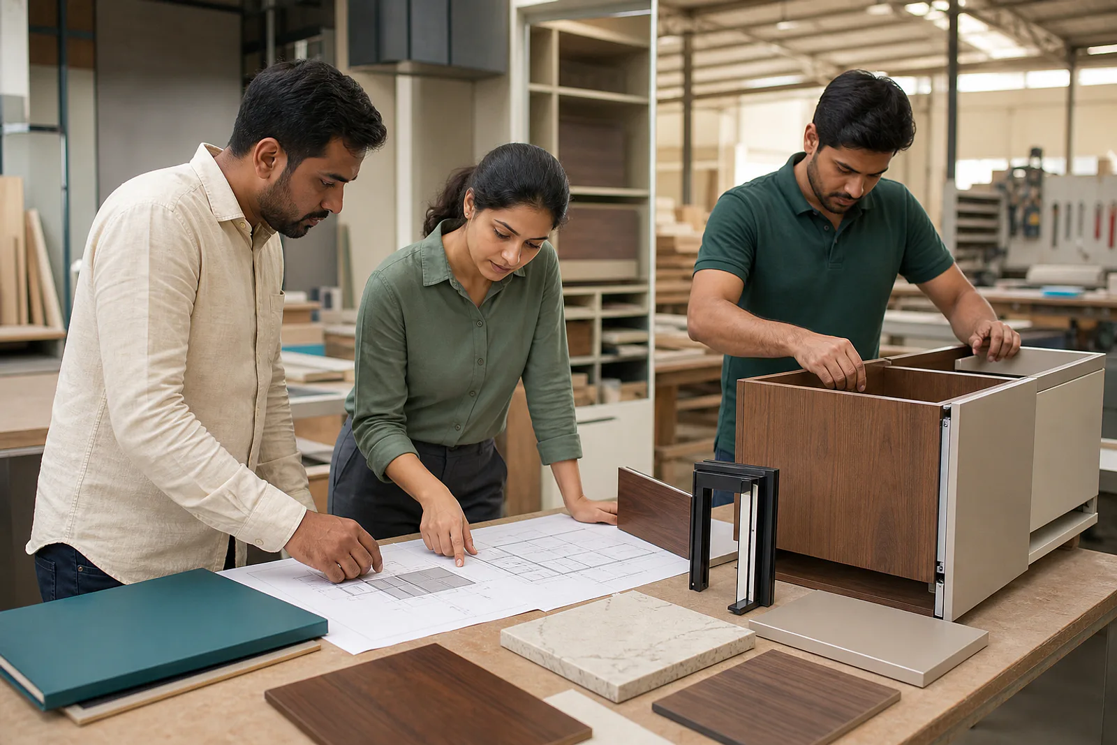 Design and production team reviewing drawings beside a cabinet assembly