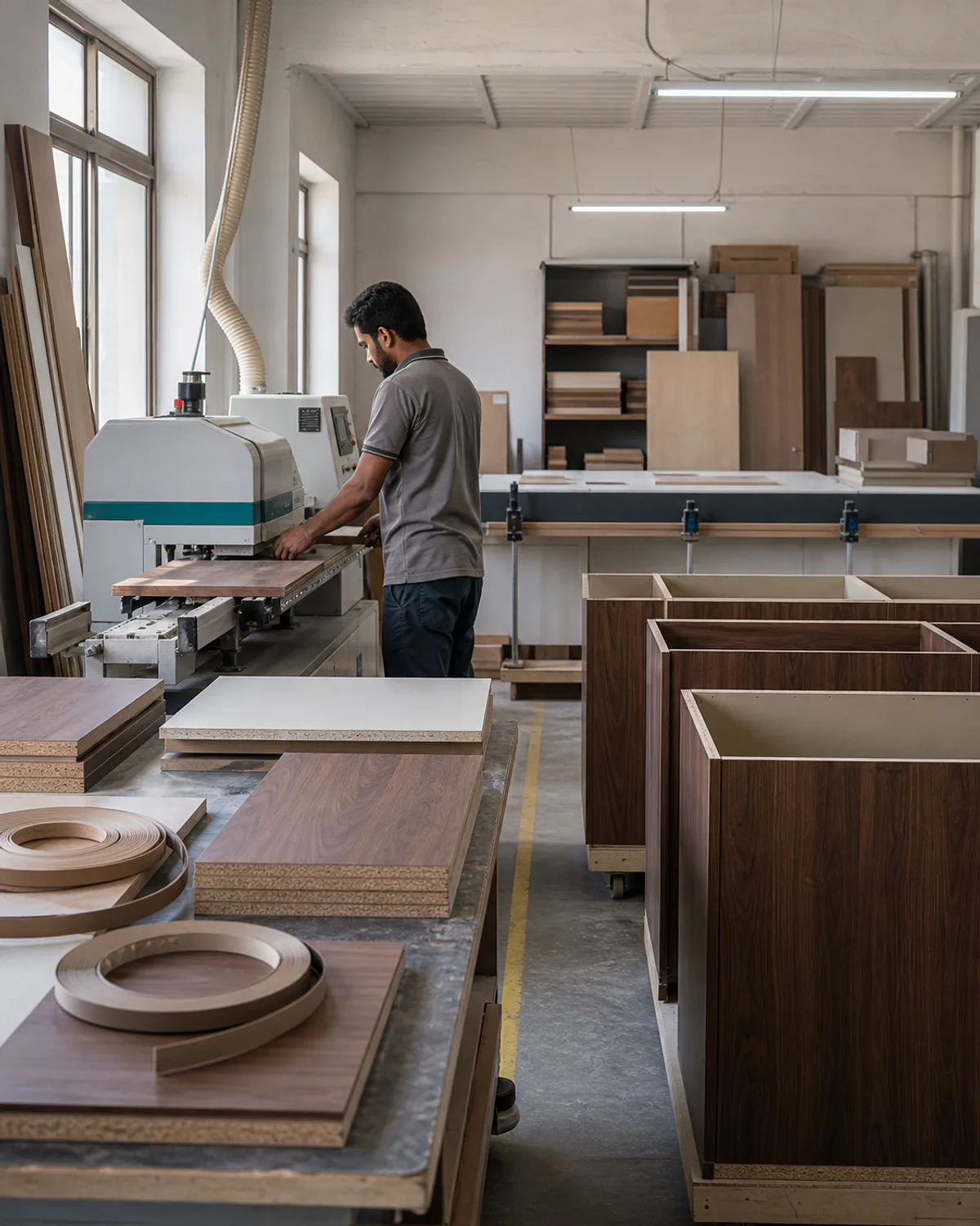 Organised modular kitchen workshop with cabinet panels and production machinery