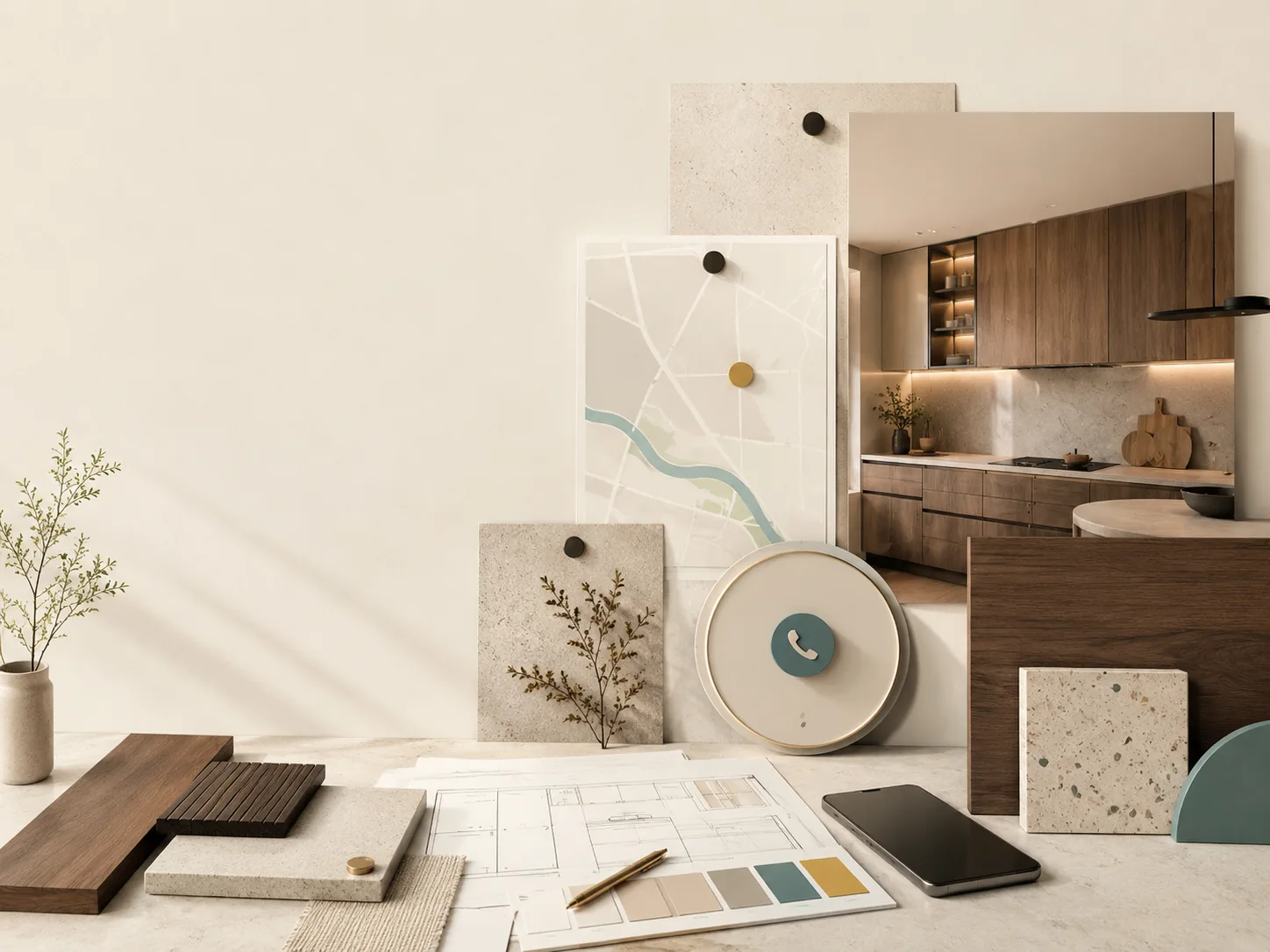 A calm consultation moodboard with a location map card, a phone contact icon, material swatches, and a glimpse of a finished kitchen