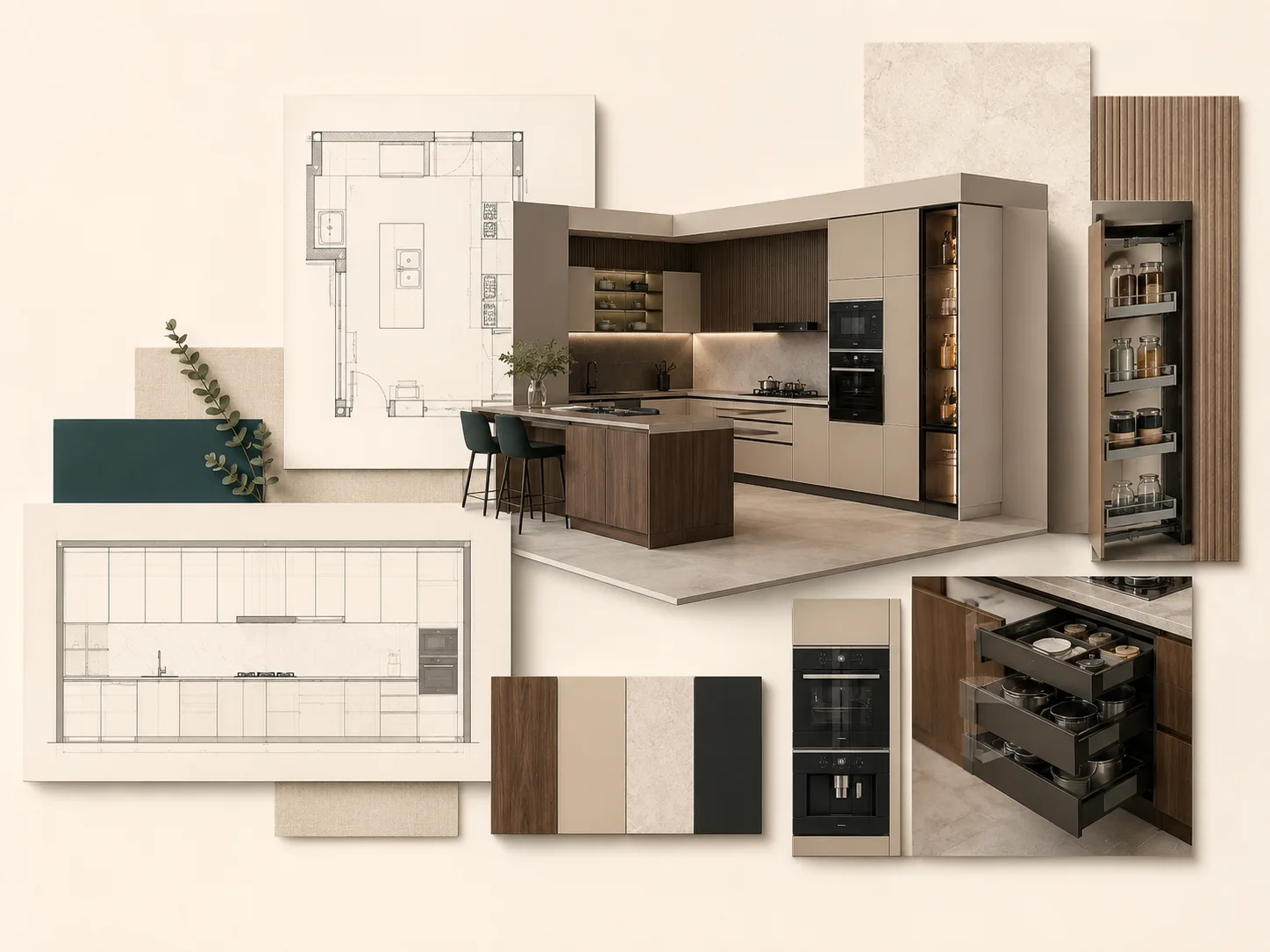 A kitchen planning moodboard combining a floor plan, an elevation drawing, a 3D kitchen render, a strip of finish swatches, and detail shots of a pantry pull-out and a drawer