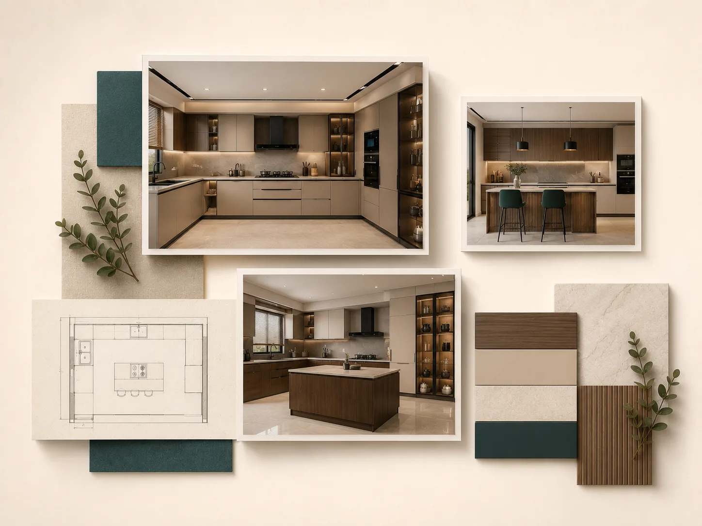 Three framed photographs of completed kitchen installations beside a marked layout plan and a material finish strip